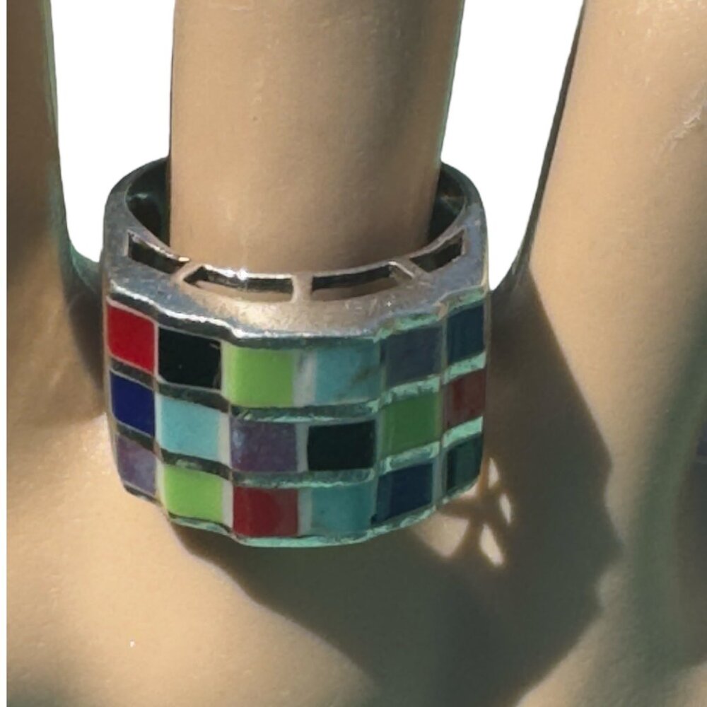 Vintage 70s 925 Silver Multicolor Multi Stones Mosaic Ring size 8 - Picture 2 of 10